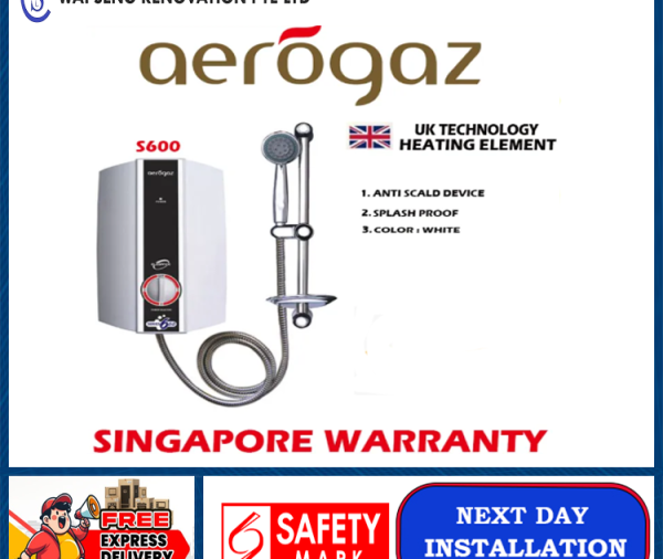 Aerogaz S600W Instant Water Heater | Anti Scald Device And Splash Proof | UK Technology Heating Element | Singapore Warranty | Express Free Home Delivery