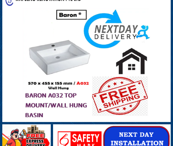 BARON A032 TOP MOUNT/WALL HUNG BASIN / FREE EXPRESS DELIVERY