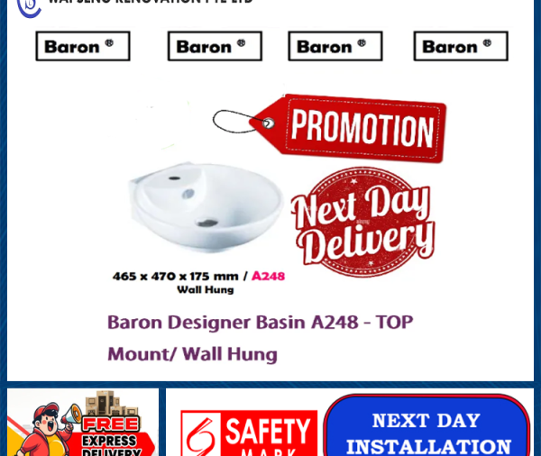 Baron Designer Basin A248 - TOP Mount/ Wall Hung / FREE EXPRESS DELIVERY