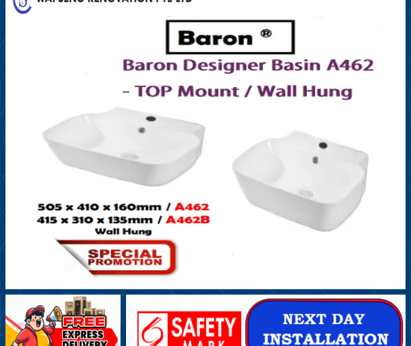 Baron Designer Basin A462 - TOP Mount / Wall Hung / FREE EXPRESS DELIVERY