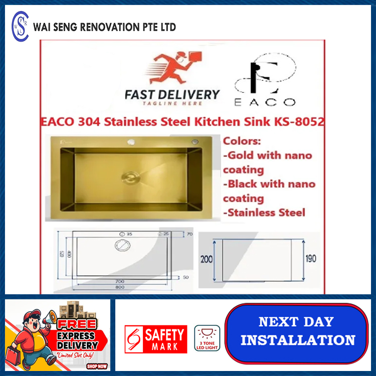 EACO 304 Stainless Steel Kitchen Sink KS-8052 | Express Free Home Delivery