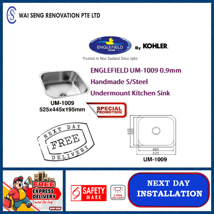 ENGLEFIELD UM-1009 0.9mm Handmade S/Steel Undermount Kitchen Sink / FREE EXPRESS DELIVERY
