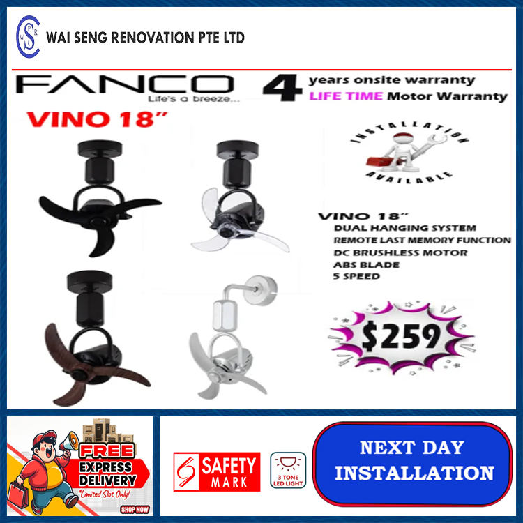 FANCO VINO 18" Corner Fan - DC Motor Ceiling & Wall Mounting Fan - Remote control Last Speed Memory