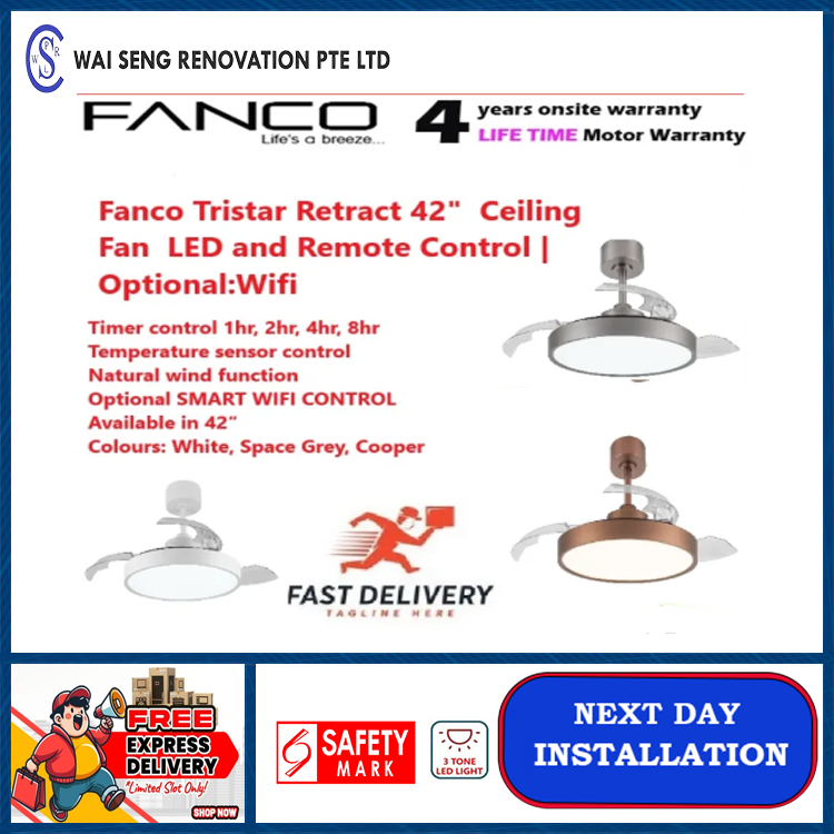 Fanco Tristar Retract 42" DC Retractable Ceiling Fan with 40W LED and Remote Control | Optional:Wifi