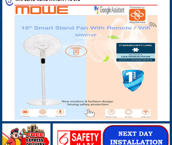 Mowe MW910F 16″ Smart Stand Fan with Remote Control / WIFI / Local Singapore warranty