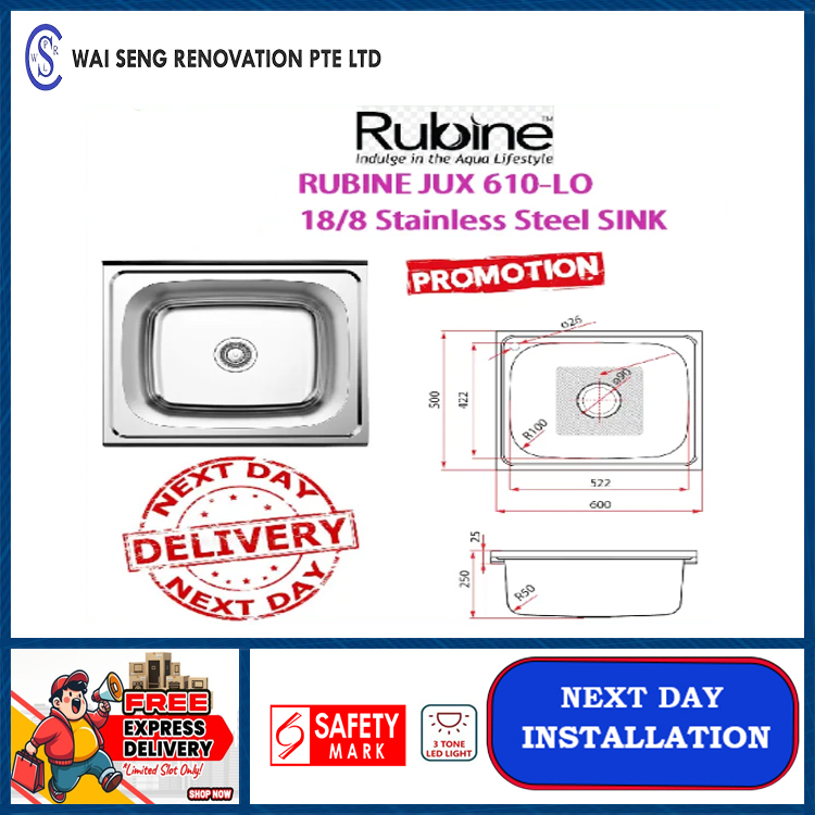 RUBINE JUX 610-LO 18/8 Stainless Steel SINK / FREE EXPRESS DELIVERY