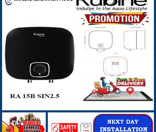 RUBINE STORAGE WATER HEATER ( RA 15B BLACK ) With Dielectric connector + Pressure Relief Valve + Mounting Hardware / FREE EXPRESS DELIVERY