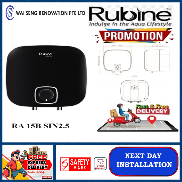 RUBINE STORAGE WATER HEATER ( RA 15B BLACK ) With Dielectric connector + Pressure Relief Valve + Mounting Hardware / FREE EXPRESS DELIVERY