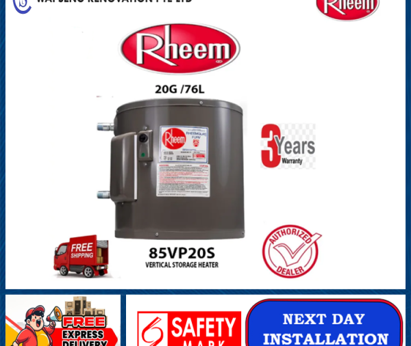 Rheem 85VP20S 76L Vertical Storage Water Heater | 3 Years Singapore Warranty | Express Free Home Delivery
