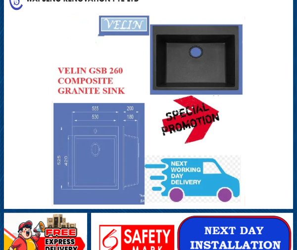 VELIN GSB 260 COMPOSITE GRANITE SINK  Local Singapore Warranty  Express Free Home Delivery